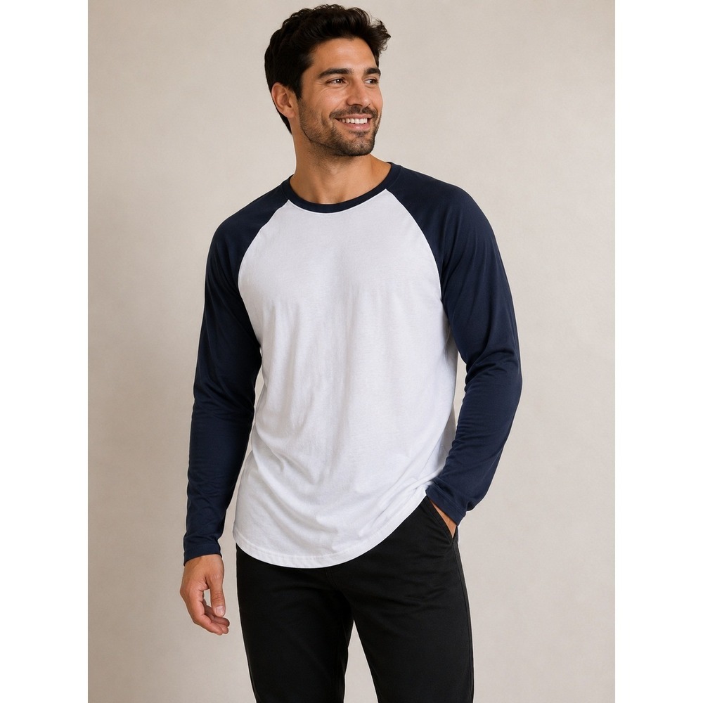 Royal Avalon Sport Tee Mens XL White Navy Cotton Raglan Long‎ Sleeved